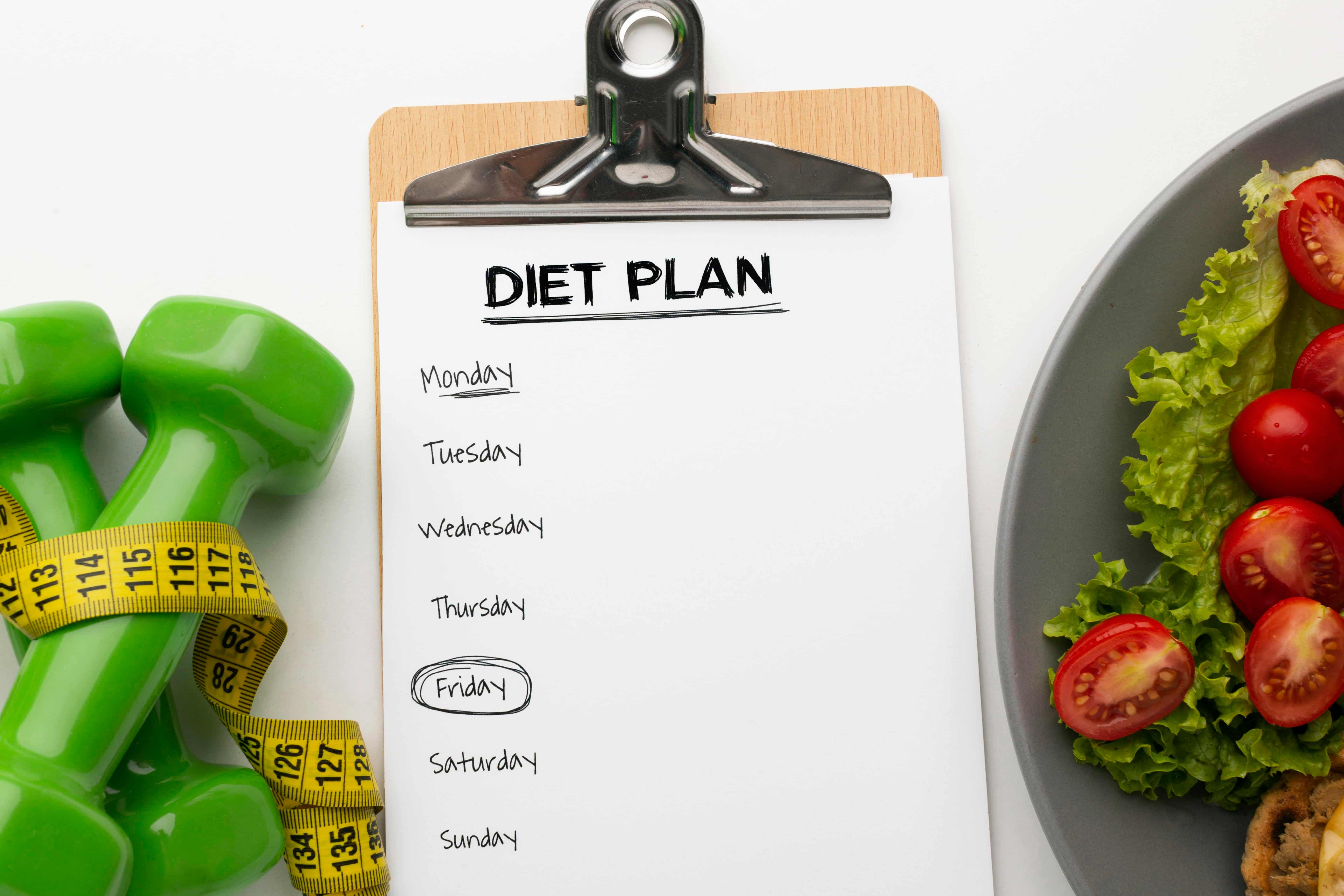 Customized fitness nutrition plans - mistalife Clipboard displaying a diet plan titled 'DIET PLAN' with days listed, next to a green dumbbell and measuring tape on the left and a plate of lettuce and tomatoes on the right, illustrating diet and fitness focus.